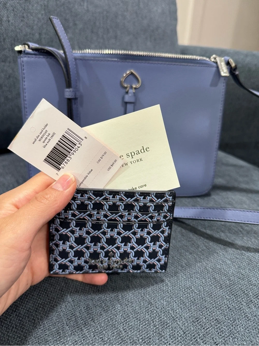 Kate spade Light Blue Leather Crossbody with Patterned Cardholder